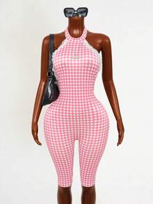 Mistrie Bộ jumpsuit nữ gợi cảm, thoải mái, phong cách nghỉ dưỡng, in họa tiết, phối ren tương phản, hở lưng, buộc dây phía trước. - Hồng - Xem 3