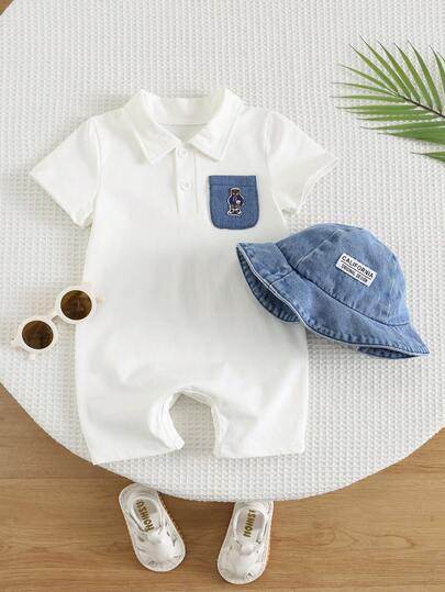 Bộ 2 món gồm: Áo liền quần polo trắng và mũ denim xanh cho bé sơ sinh trai/gái, thích hợp mặc đi nghỉ mát mùa hè.