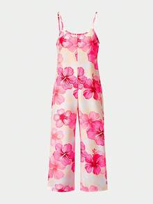 Plusstorlekar för flickor, casual, bohemisk, semesterstil, spaghettiband, blommigt tryck, lös jumpsuit - Multifärgad - Visa 4