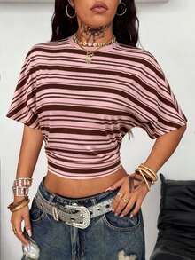 Coolane Women's Summer Casual Vacation & Commute Contrast Stripe Print Batwing Sleeve Fitted Cropped T-Shirt,Summer Top - Pink - View 3