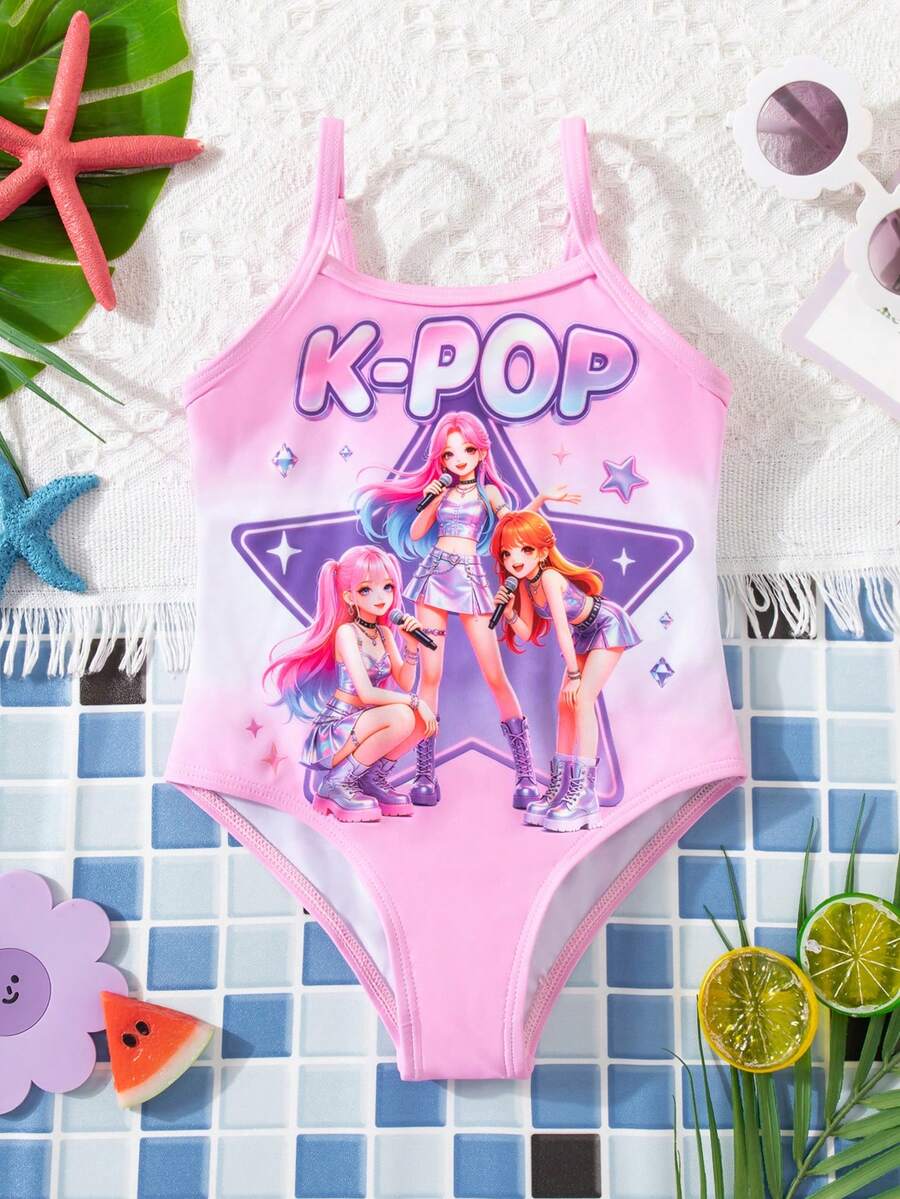 SHEIN 少女卡通简约图案,亮粉色,韩流女团泳装印花,连体泳衣,适合夏季海滩穿着。 - 粉色 - 查看 1