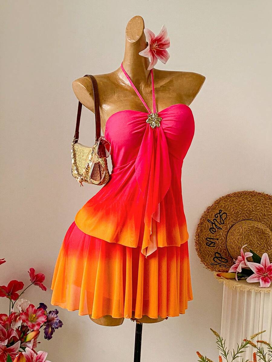 Soleia Plus Size Women Ombre Metallic Flower Decor Fashion Halter Vacation Dress - Multicolor - View 1