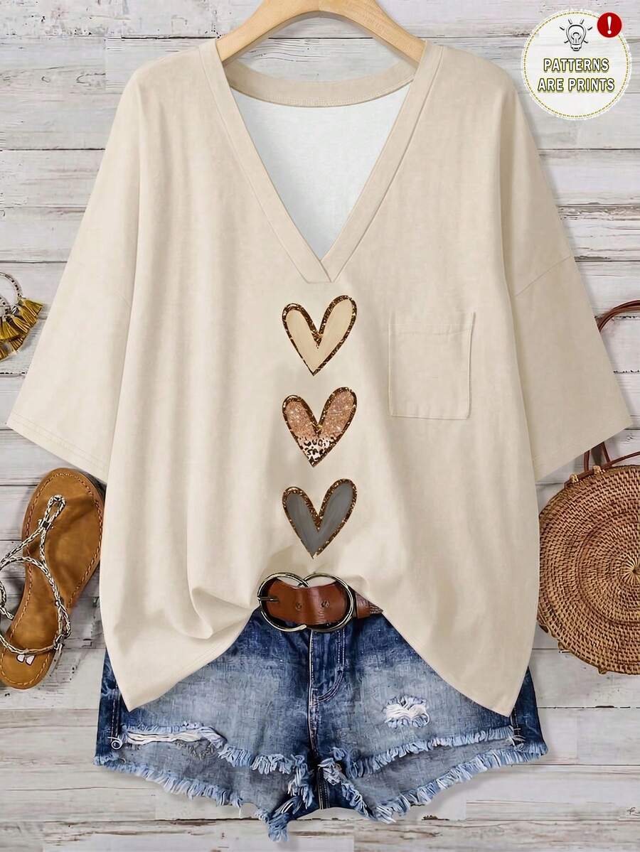 EMERY ROSE Casual Minimalist Plus Size V-Neck Heart Print T-Shirt, Suitable For Summer - Apricot - View 1