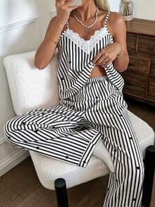 CottageSlumber Women's Striped Heart Print V-Neck Contrast Lace Camisole And Pants Pajama Set, Spring/Summer - Black - View 3