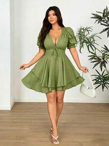 Vionelle Plus Size Deep V-Neck Puff Sleeve Fitted Party Mini Dress - Mint Green - View 3