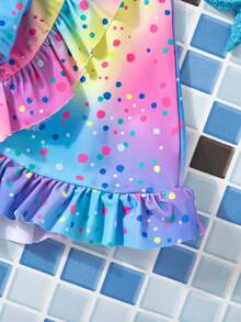 SHEIN Young Girl Colorblock Polka Dot Print Ruffle Trim Bikini Set Set, Summer Beach Holiday - Multicolor - View 7