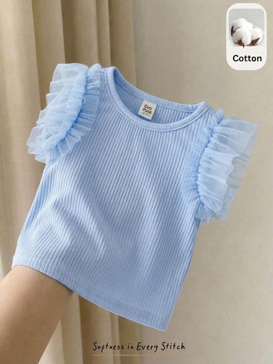 Cozy Pixies 女婴纯色针织柔软圆领短袖套头衫,百搭舒适 - 淺藍色 - 查看 1