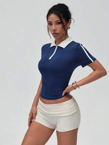 Easithlete Easithlete Women's Contrast Color Short Sleeve Cropped Sports Polo Shirt - Navy Blue - View 7
