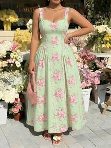 SHEIN MOD Đầm xếp ly in hoa cỡ lớn, phong cách đường phố thanh lịch. - màu xanh lá - Xem 8