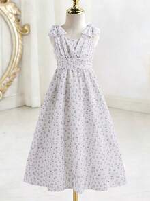 Elladie kids 少女甜美可爱碎花蝴蝶结装饰无袖腰带休闲度假生日派对连衣裙 - 紫色 - 查看 8