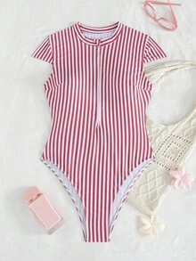 Swim SPRTY Áo tắm liền thân SPRTY mùa hè, họa tiết chấm bi, khóa kéo phía trước, dành cho nữ, thích hợp cho lướt sóng trên bãi biển. - Đỏ và trắng - Xem 5