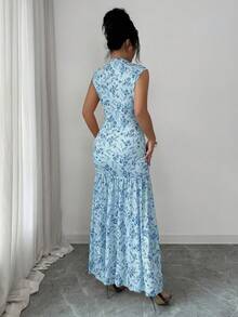 Elenzga Yellow Printed Ruched Waist Ruched Slit Elegant Dress For Women - Blue - View 2