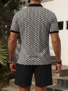VENTUSAIL Men's Contrast Color Short Sleeve Textured Fabric Polo Shirt & Shorts Set, Suitable For Outings, Gatherings, And Vacations, Holiday - Black - View 2
