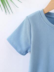 SHEIN Explorewe Young Boy Round Neck Solid Color Short Sleeve T-Shirt And Shorts Set, Summer, School, Campus, College - Blue - View 6