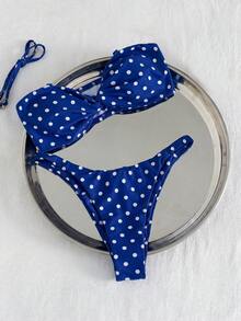 Swim Mod 女款 2 件組藍色波點比基尼套裝，優雅扭轉前胸式比基尼上衣與高衩下褲，適合夏季熱帶度假、泳池派對與旅行，甜美復古風 - 藍色 - 查看 7