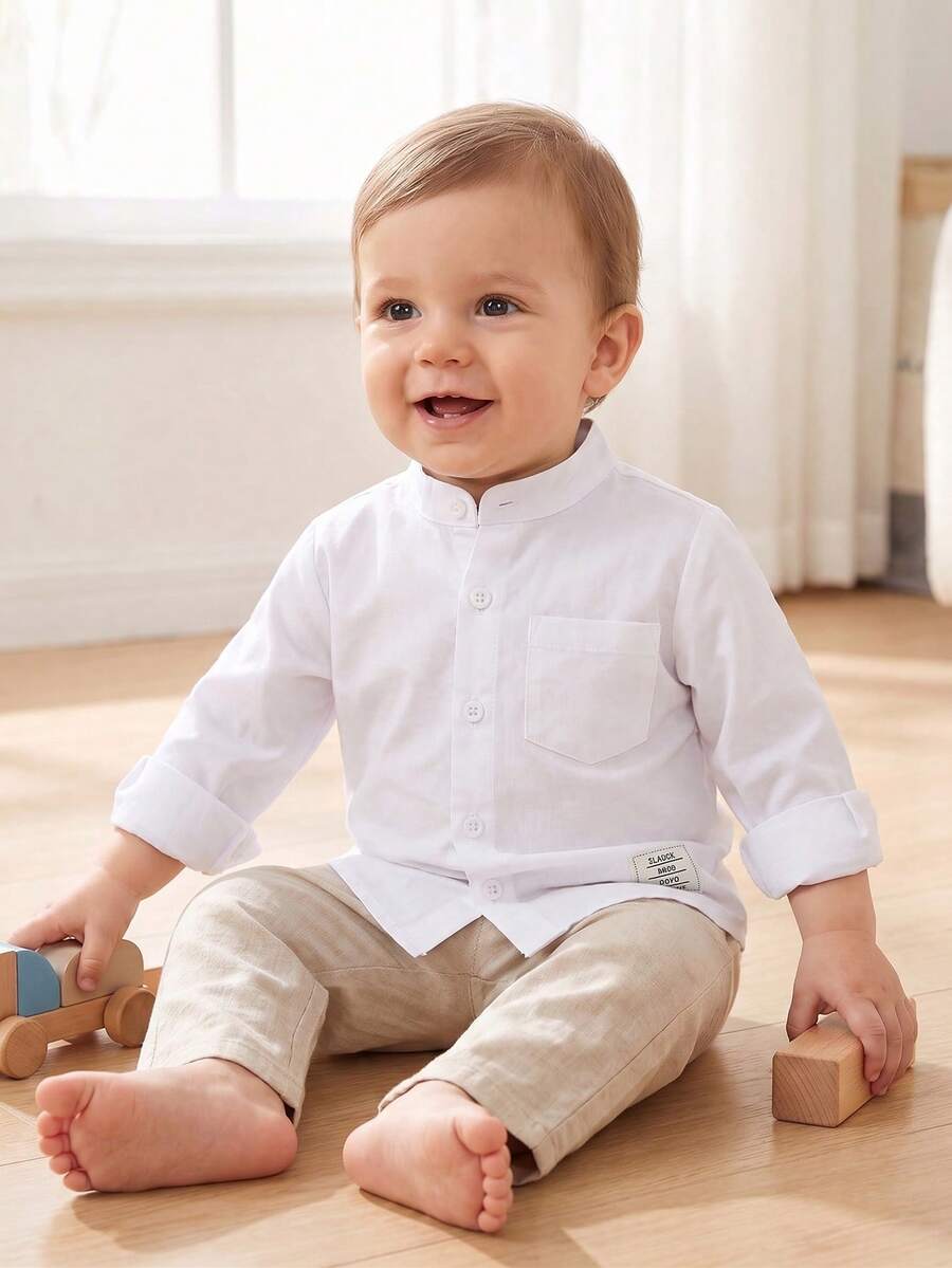 Souflis 男婴休闲日常通勤简约字母印花立领长袖衬衫,秋/春季款 - 白色 - 查看 1