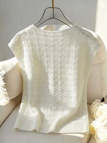 SHEIN Áo dệt kim tay ngắn cổ chữ V màu trắng khoét rỗng, kiểu dáng thời trang tối giản, thanh lịch, thường ngày, công sở, cổ điển, thích hợp cho mùa xuân/hè. - trắng - Xem 2
