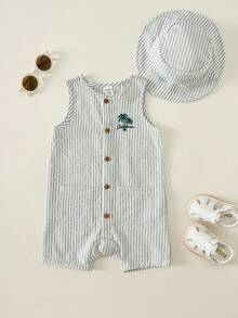 SHEIN Bộ 2 món gồm mũ và áo liền quần không tay kẻ sọc và caro dễ thương cho bé sơ sinh trai/gái mùa hè. - Nhiều màu - Xem 3