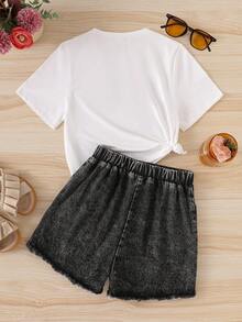 SHEIN 青少年女孩 2件/套 青少年街頭時尚黑白夏季 Y2K 度假返校穿搭迷你套裝，紐約字母印花短版上衣 & - 彩色 - 查看 2