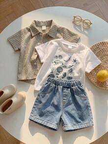 3pcs Set Includes: Baby Boy Summer Casual Vacation Blue Striped Shirt, Shell Graphic White T-Shirt, Blue Denim Shorts Outfit, Summer Suit - Multicolor - View 3