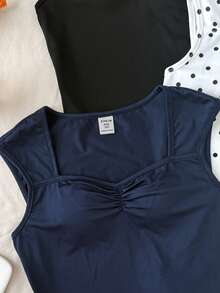 SHEIN 3 chiếc áo thun ngắn tay nhún bèo phong cách thường ngày đa năng dành cho bé gái tuổi teen. - Nhiều màu - Xem 3