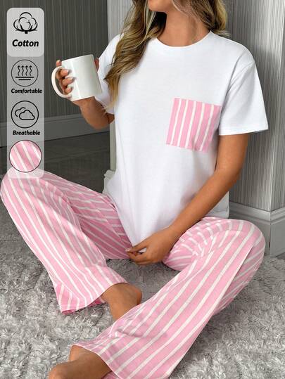SHEIN Contrast Pink Stripe Pocket Tee & Pants Pajama Set