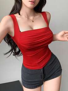 DAZY Women's Casual Solid Color Ruched Slim Fit Tank Top, Summer - Red - View 3