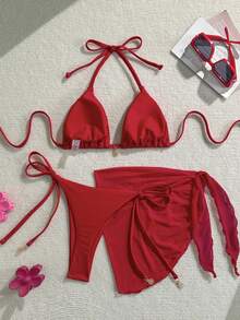 SHEIN Bikini 3 mảnh hở lưng kim loại màu trơn gợi cảm cho nữ đi biển/khu nghỉ dưỡng - Đỏ - Xem 2
