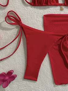 SHEIN Bikini 3 mảnh hở lưng kim loại màu trơn gợi cảm cho nữ đi biển/khu nghỉ dưỡng - Đỏ - Xem 3