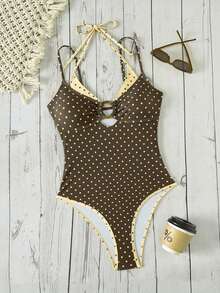 Swim Mod Women's Brown And Yellow Polka Dot 2 In 1 Design One-Piece Swimsuit,80s Halter Backless Swimwear For Beach Vacation,Summer,Holiday,Holiday - Multicolor - View 5