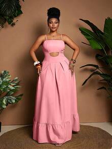 Maweii Plus Size Elegant Solid Color Hollow Ruffle Hem Camisole Dress, Summer - Pink - View 4