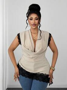 Maweii Blusa retro elegante de cuello en V para tallas grandes - Albaricoque - Ver 1