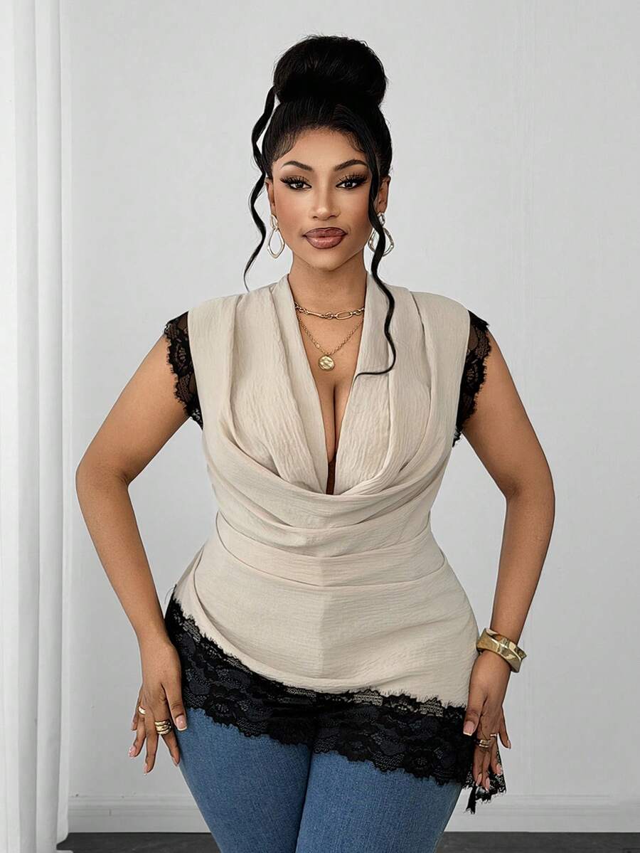 Maweii Blusa retro elegante de cuello en V para tallas grandes - Albaricoque - Ver 1