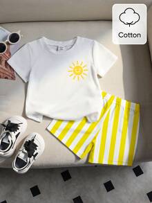 SHEIN Playful Pals 两件套舒适纯棉男婴夏季度假阳光脸印花圆领短袖T恤搭配松紧腰条纹短裤套装，婴儿服装，男婴T恤套装，夏季套装，适合6个月至3岁宝宝，海滩度假风，休闲假日风，韩版风格，海滩假日 - 彩色 - 查看 3