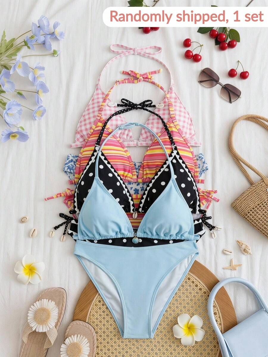 SHEIN 少女彩虹条纹吊带比基尼套装,简约时尚泳装,适合夏季海滩度假 - 彩色 - 查看 1