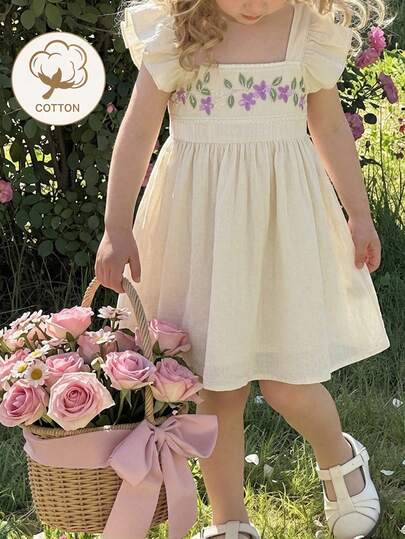 SHEIN Genkimix Kids Girls 4-7Y Soft Cotton Embroidered Patchwork Cap Sleeve A-Line Party Dress, Cute Purple, Suitable For Outings, Vacation, Party