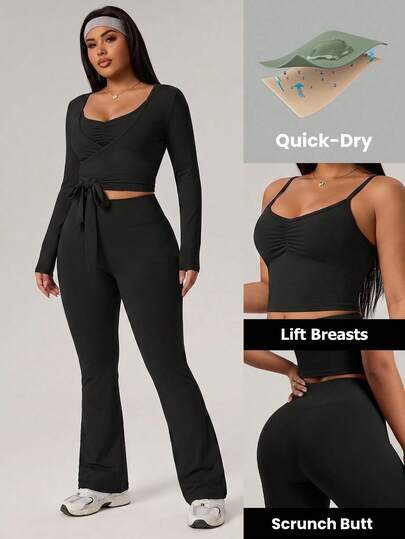Easithlete Plus Size Women's 3-Piece Adjustable Strap Sports Yoga Outdoor Fitness Set, Includes Basic Camisole Tank Top With Criss-Cross Front, Long Sleeve Tight Tee, And Flared Workout Pants