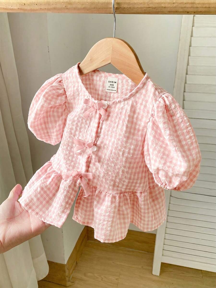SHEIN 女婴可爱百搭格子蝴蝶结短袖上衣,夏季 - 淺粉色 - 查看 1