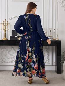 Modelyn Plus Size Women's Elegant Floral Print Cross V-Neck Long Sleeve Chiffon Ruched Waist Slim Fit Romantic Maxi Dress - Multicolor - View 2