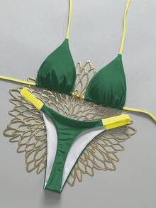 Swim Vcay 女士两件套贝壳装饰系带露背比基尼套装，撞色设计，海滩度假 - 綠色 - 查看 1