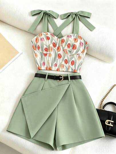 GlowEve Conjunto de 2 piezas elegante y de ajuste ceñido para ir al trabajo, que incluye: Top de tirantes con diseño de lazo en los hombros y estampado de tulipanes, y Falda-pantalón asimétrica de cintura alta color verde matcha con cinturón
