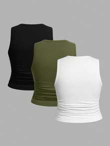 Solflare Women's Casual Minimalist Solid Color Plus Size Round Neck Tank Tops 3pcs Set Suitable For Summer - Multicolor - View 2