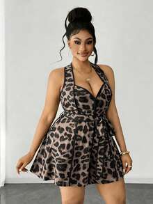 Maweii Romper Halter Seksi Motif Leopard Ukuran Plus - Khaki - View 6