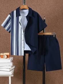 Vacaura Set de 2 piezas de camisa de rayas y pantalones cortos de verano casuales para adolescentes/niños - Azul Marino - Ver 4