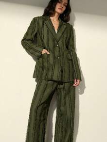 Aveloria Modichic Textured Frayed Edge Vertical Striped Tassel Design Sense Blazer Jacket Paired With Wide Leg Pants Women Suit Set - Olive Green - View 2