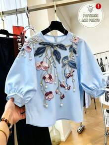 SHEIN Franclia 蓝色短袖衬衫，蓝色碎花印花短袖女式衬衫，优雅的春夏度假装，适合派对和假日穿着 - 藍色 - 查看 1