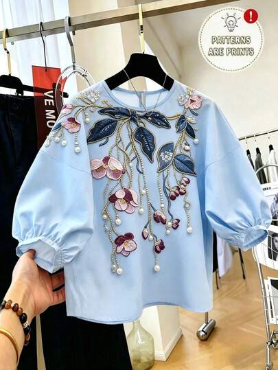 SHEIN Franclia Cămașă albastră cu mânecă scurtă, cămașă albastră cu mânecă scurtă pentru femei, ținută elegantă de resort pentru primăvară/vară, potrivită pentru petreceri și sărbători