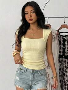 SHEIN Teen Girls' Crew Neck Ruched Fitted Textured Yellow Camisole Top - Yellow - View 5