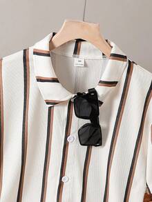 SHEIN Vintaside Kids Bộ đồ thiếu niên gồm áo sơ mi ngắn tay kẻ sọc và quần short kẻ sọc, kiểu dáng thoải mái và năng động, thích hợp cho cả mặc trong nhà và ngoài trời, mùa hè. - Nhiều màu - Xem 4
