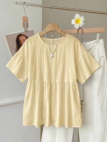 SHEIN EZwear 100%純棉奶油黃編織女款襯衫，夏季上衣，適合日常通勤、約會、聚會、秋冬/夏季、聖誕節、新年、感恩節、派對、婚禮、海灘、畢業典禮、時尚、優雅、休閒、外出、約會、預約、通勤、亮面、情人節、優雅、度假、假期 - 淡黃色 - 查看 3